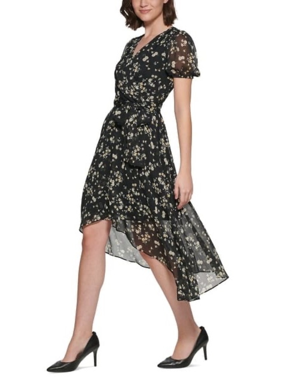 Karl Lagerfeld Paris Women's Floral Print Faux Wrap Dress Black Size 16